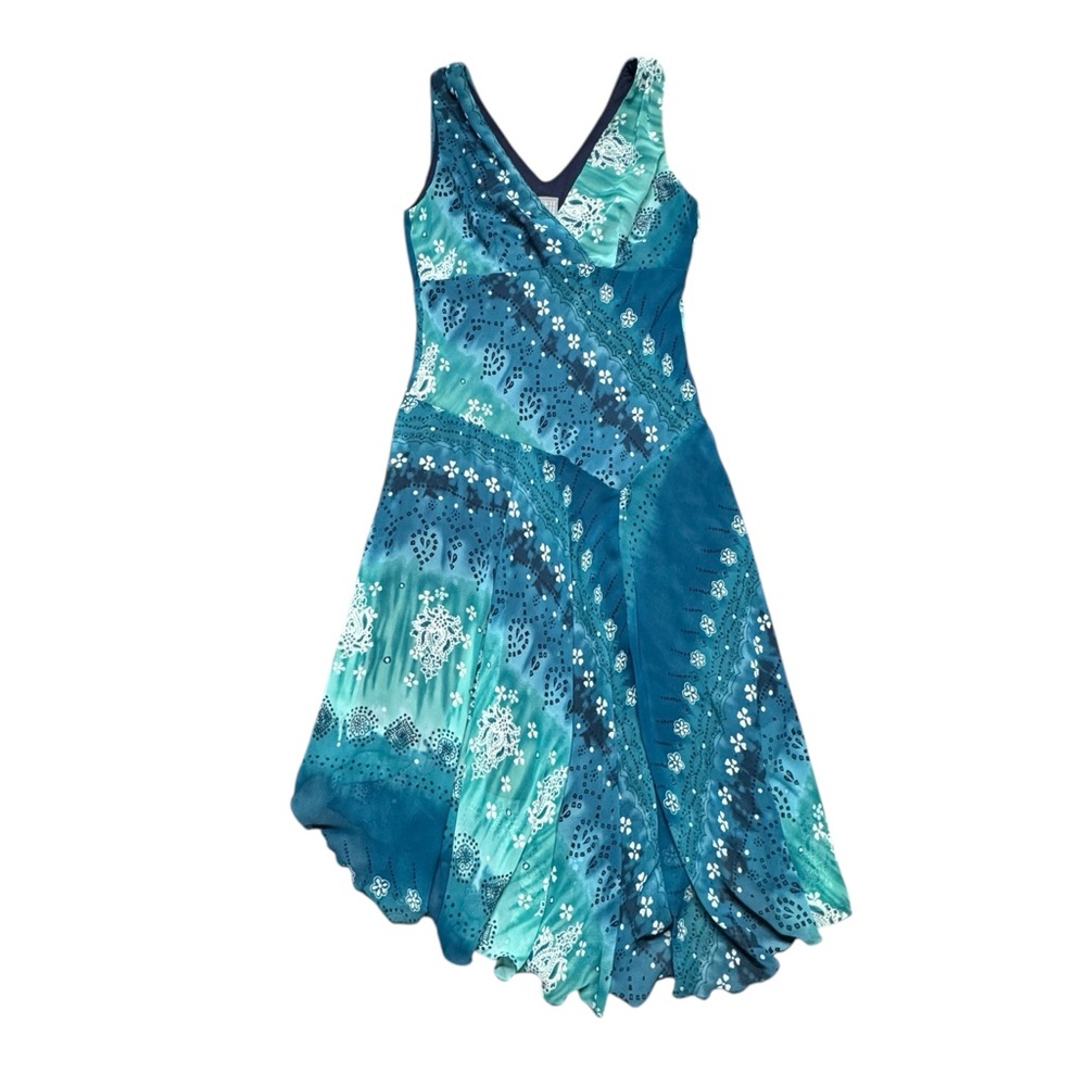 Rabbit Rabbit Rabbit Asymmetrical Midi Dress Size 6 Sleeveless V Neck Lined Blue